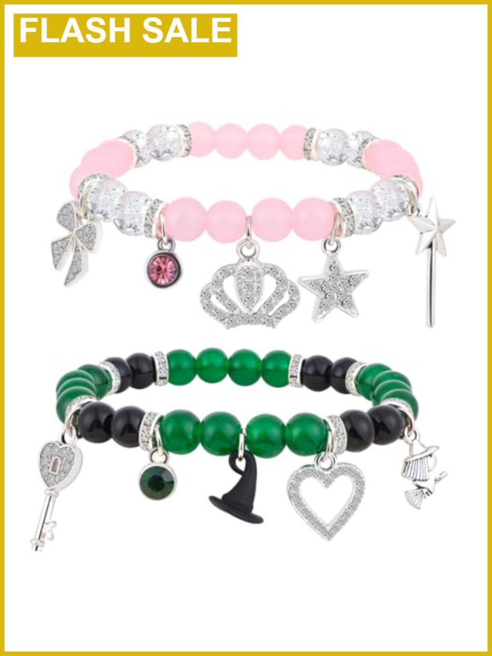 Crystal Bead Stretch Charm Bracelet Set Witch Crown Friendship Matching 2pc